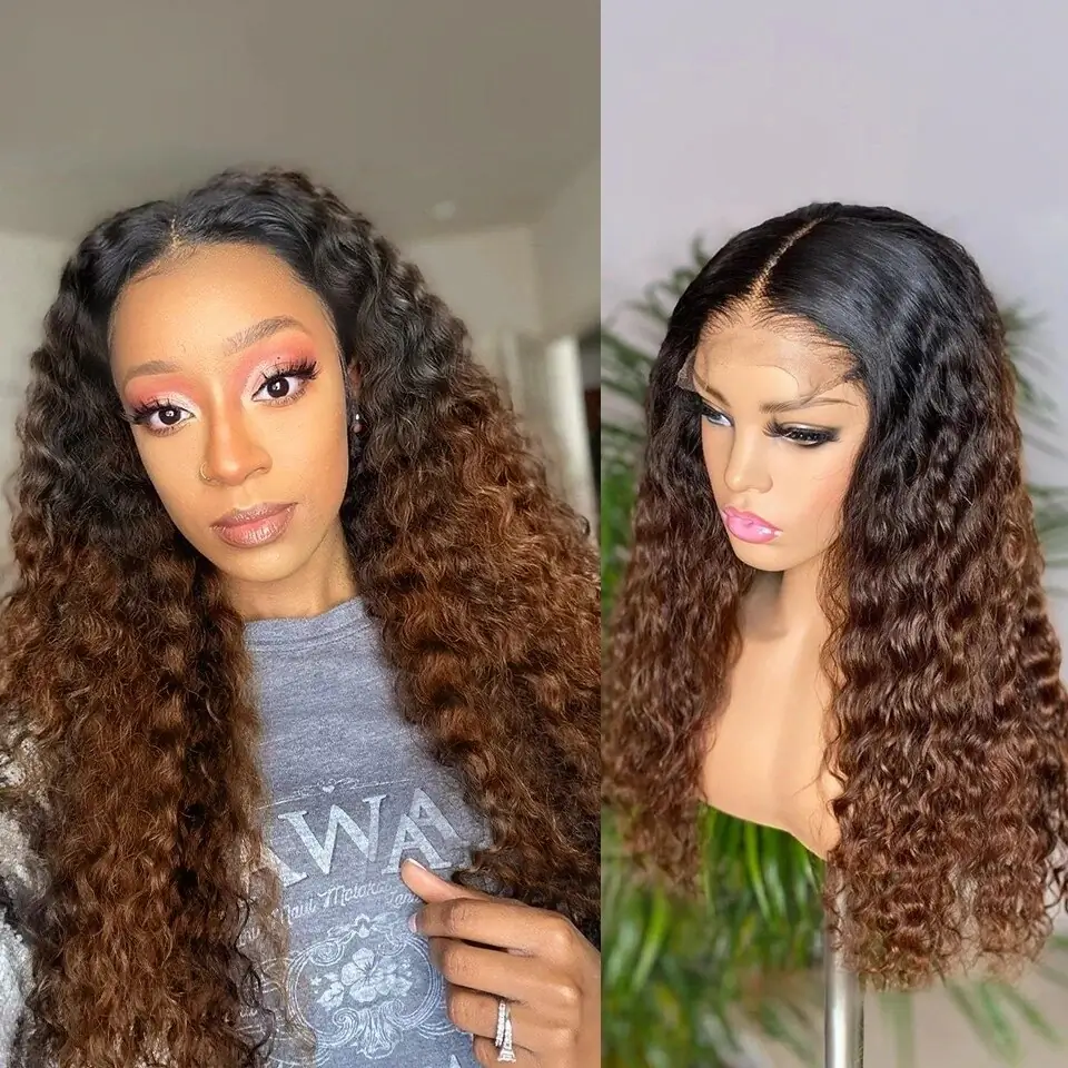 Two Tone Full Lace Human Hair Kinky Curly Wigs Black& Gold Brown Wig With Strap And Clips For Black Women Natural Hairline 1