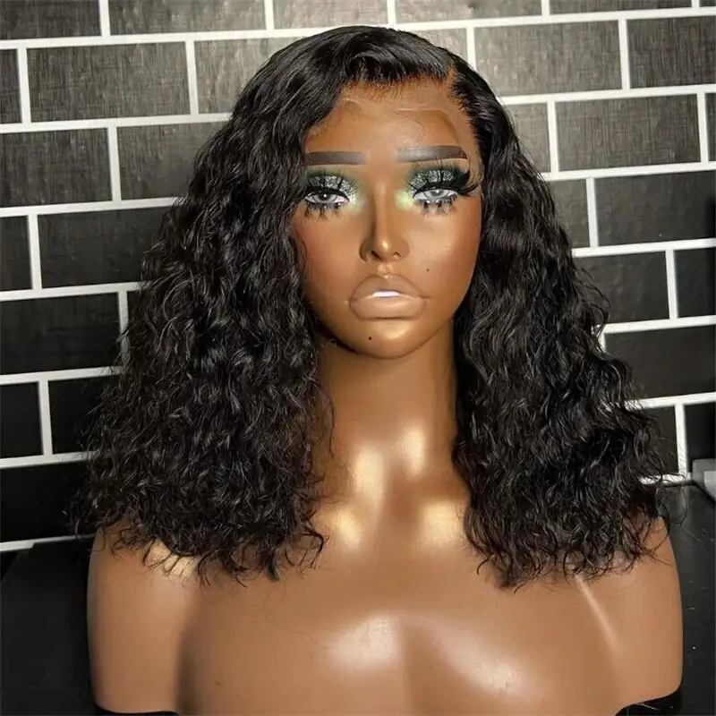 Natural Black Short Bob 16'' Soft 180Density Glueless Kinky Curly Lace Front Wig For Women BabyHair 26Inch Long Preplucked Daily 1